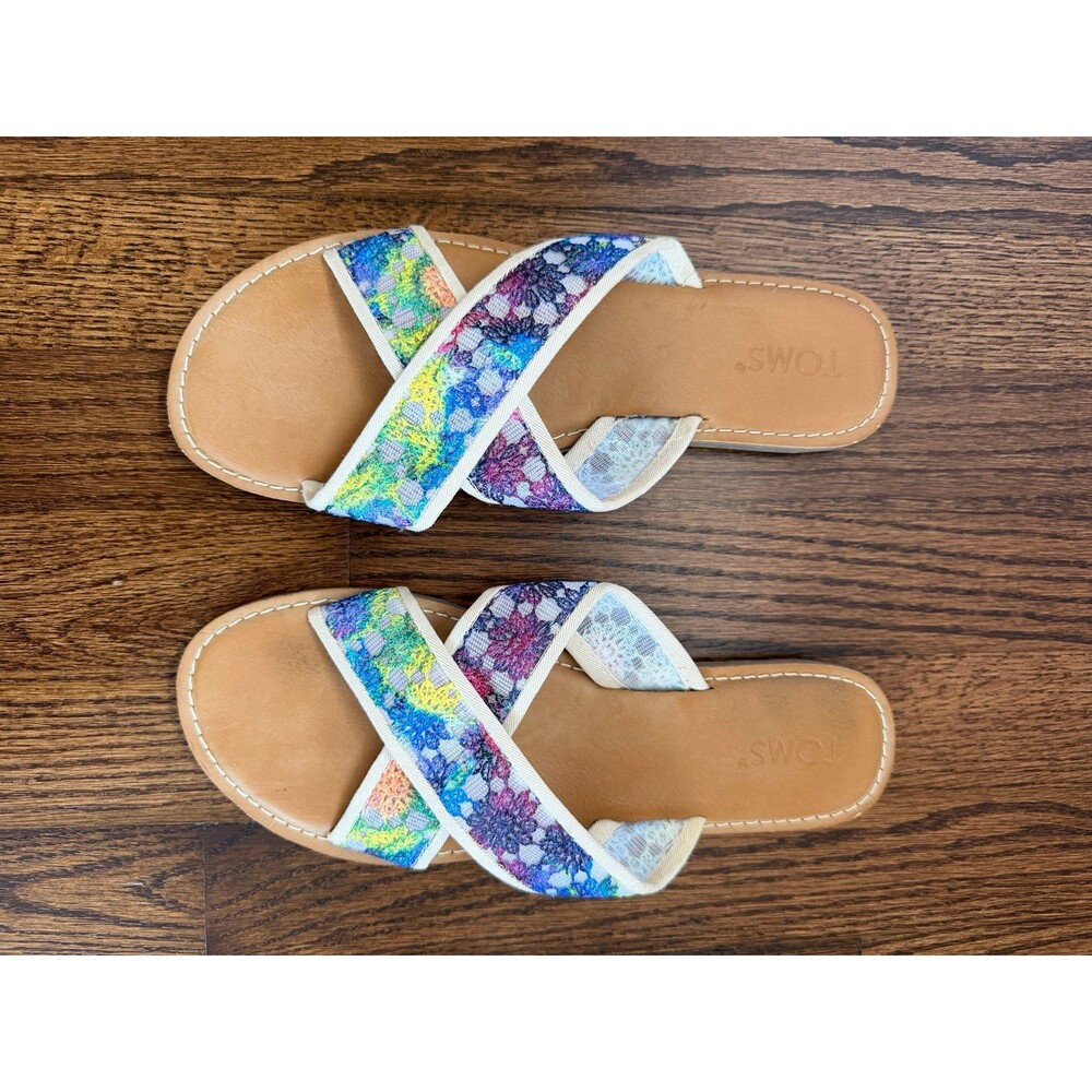 TOMS Viv Crochet Lace Floral Multicolor Criss Cross Slide Sandals Women’s Sz 9